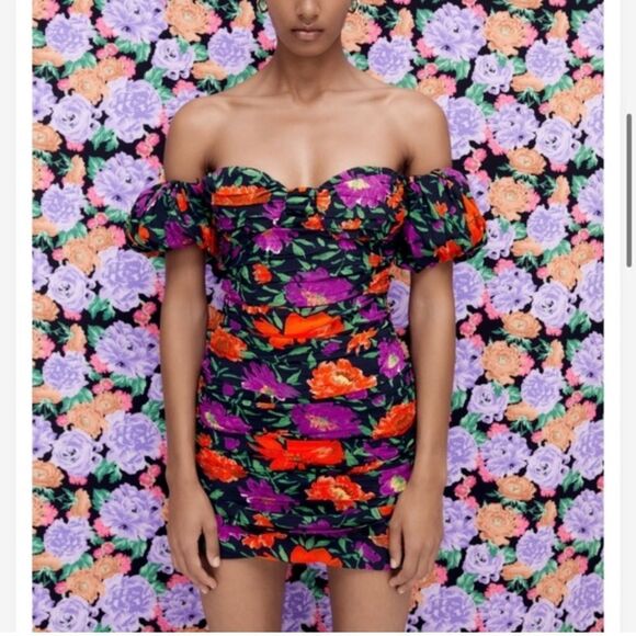 Zara Floral Off The Shoulder Puff Sleeve Mini Dress - Picture 3 of 6